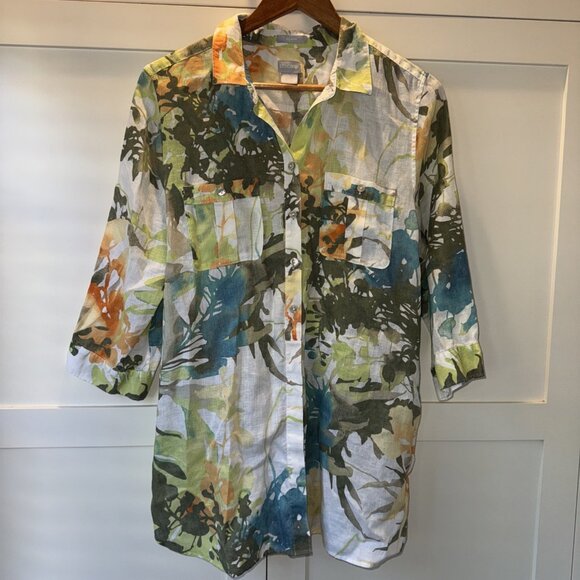 Chico's No-Iron Linen Floral Paradise Shirt Size: 2 US Size 12 - Picture 2 of 16